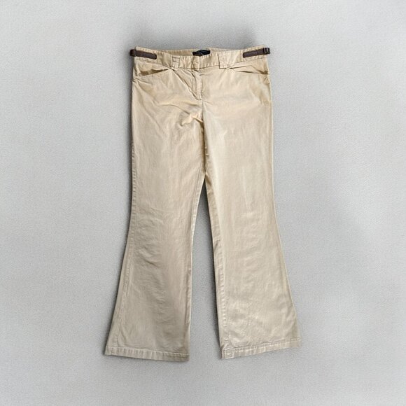 BCBGMAXAZRIA Womens Pants Flared 12 Khaki Trouser Y2K Casual Work Leather Detail - Picture 1 of 8